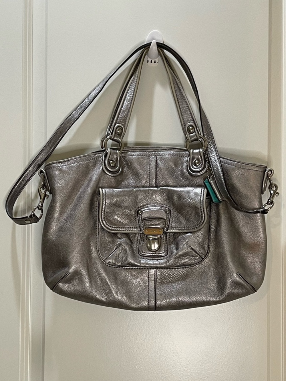 Coach Poppy Leather Rocker Metallic Silver Bag with Front Pocket 18997